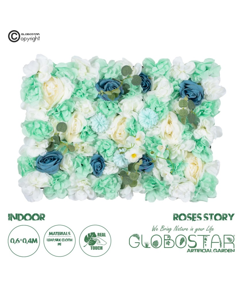 GloboStar® Artificial Garden ROSES STORY BLUE 78334 Τεχνητό Διακοσμητικό Πάνελ Λουλουδιών - Κάθετος Κήπος σύνθεση Αμβροσία Μ60 x Π40 x Υ6cm